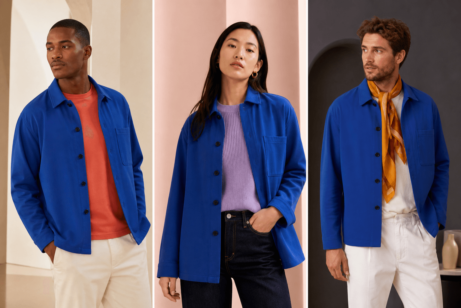Three virtual fashion models wearing a blue jacket