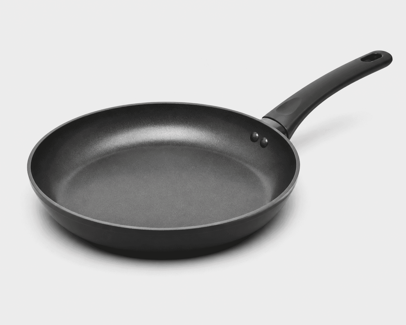 Dark frying pan source reference showing the gray cooking surface, raised rim, long handle, hanging opening, and visible fasteners