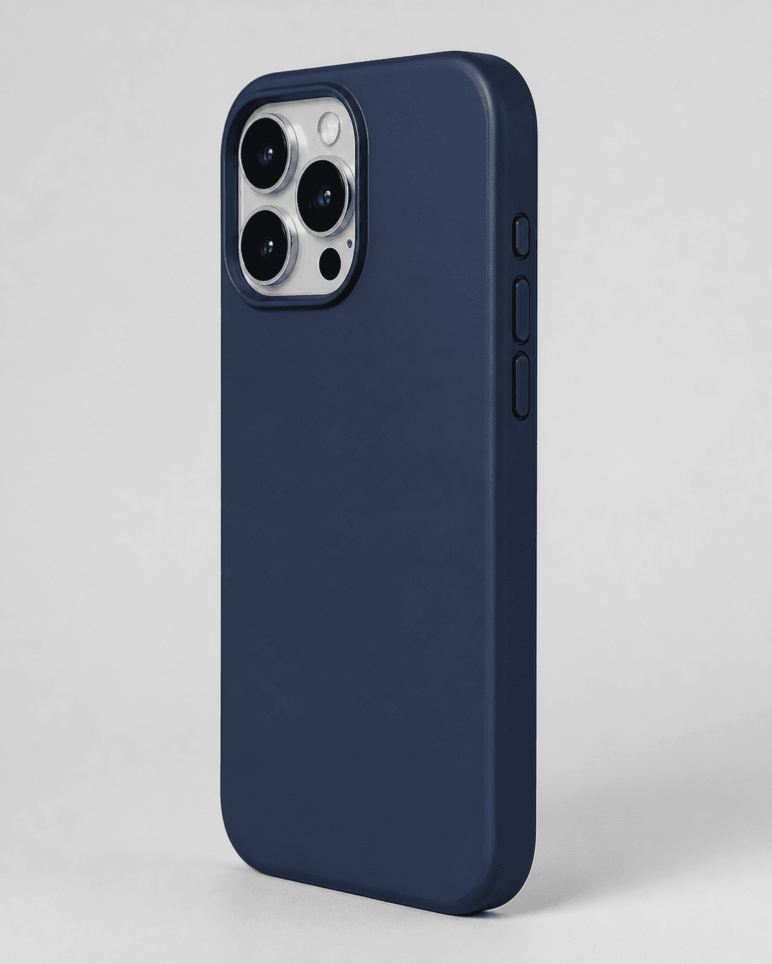 Dark navy protective phone-case reference showing a rear camera opening and raised side buttons