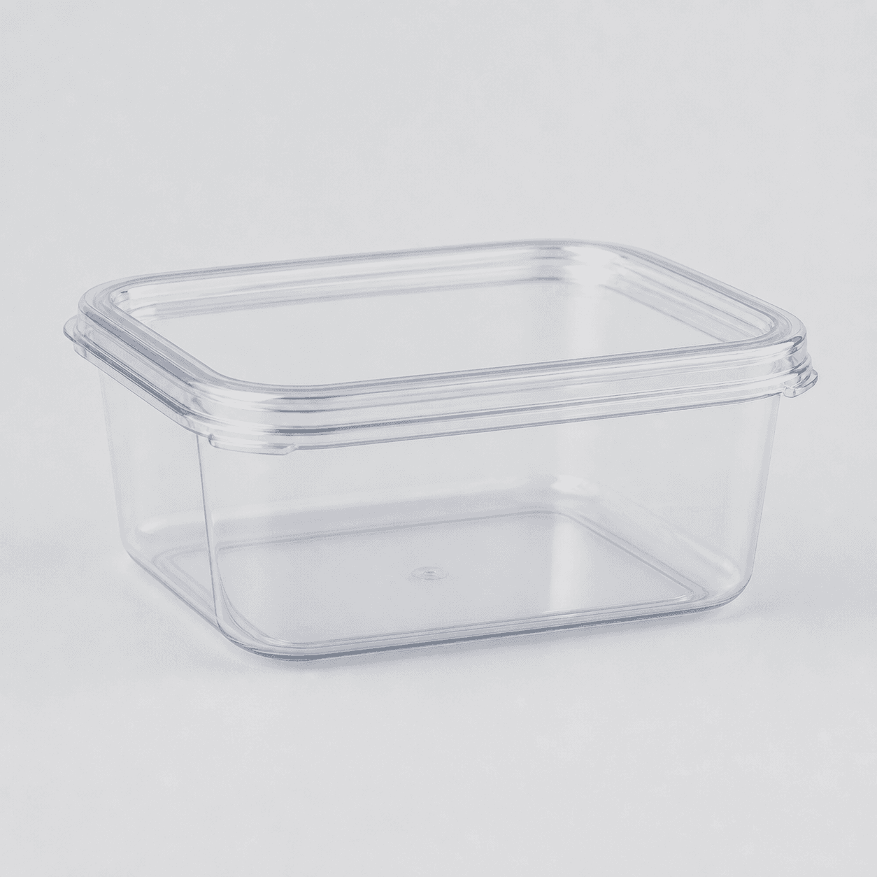 Clear empty rectangular food storage container with a fitted transparent lid, visible rim, and transparent walls