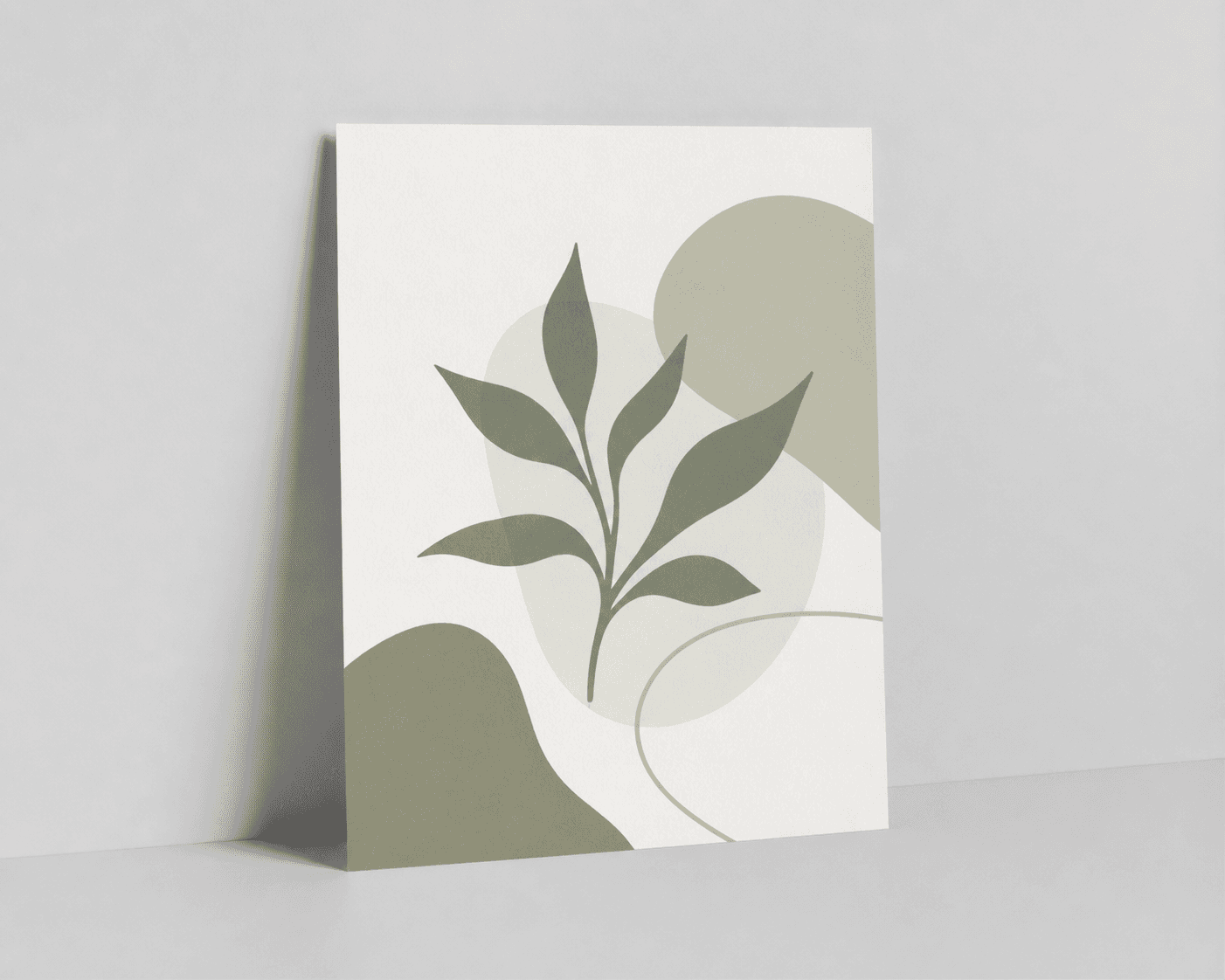 Vertical unframed wall art print with muted olive and cream botanical artwork and a visible paper edge