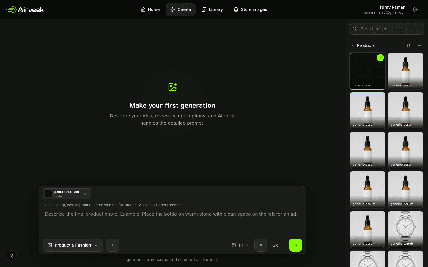 Airveek workspace showing the serum source selected for lifestyle generation