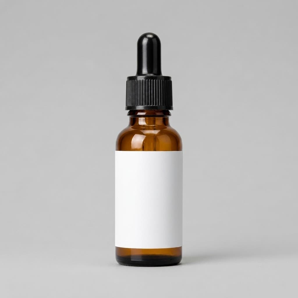 Clean ecommerce listing image of an amber glass serum dropper bottle