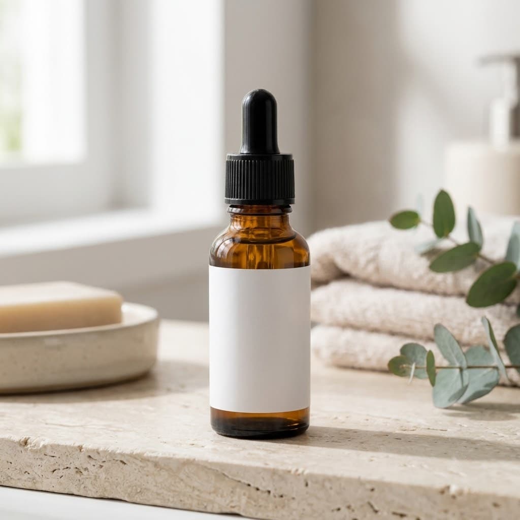 Lifestyle ecommerce image of an amber glass serum dropper bottle