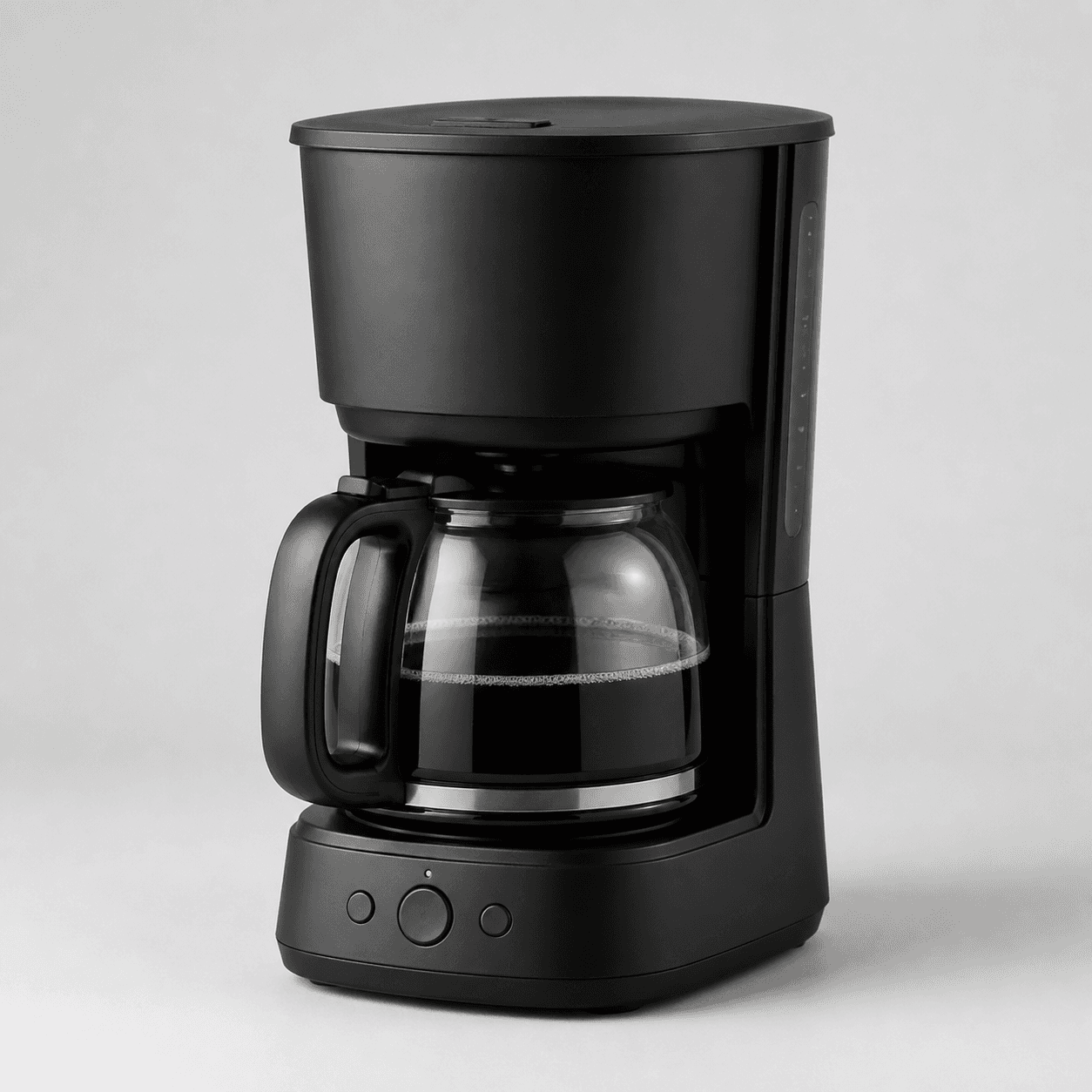 Unbranded black coffee maker with glass carafe on a neutral background