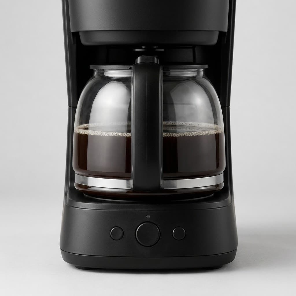 Close-up ecommerce detail image of a coffee maker carafe and controls