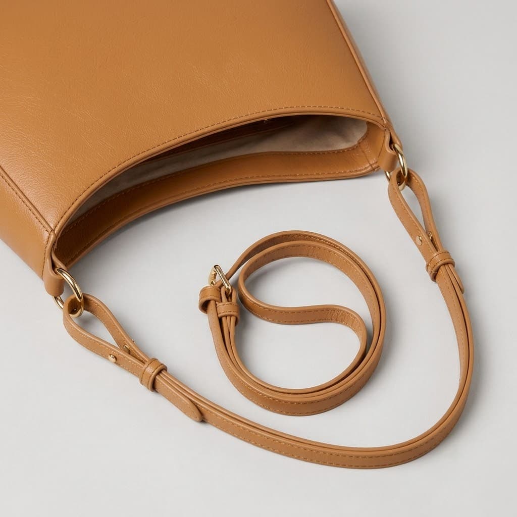 Close-up detail image showing the handbag opening, lining, and strap hardware