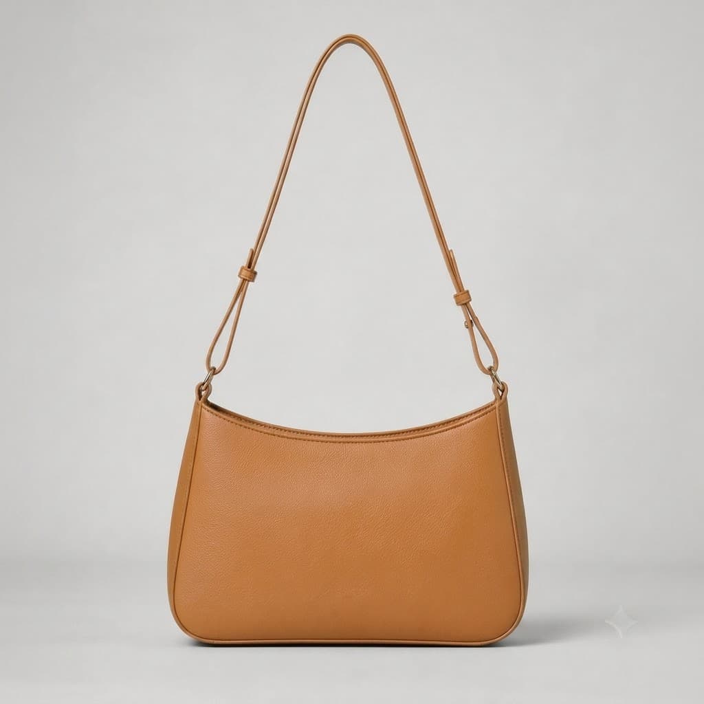 Clean ecommerce listing image of a structured tan shoulder bag