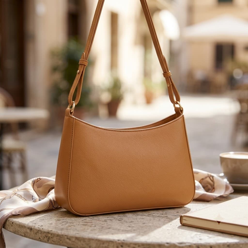 Lifestyle image of a structured tan shoulder bag in an everyday setting