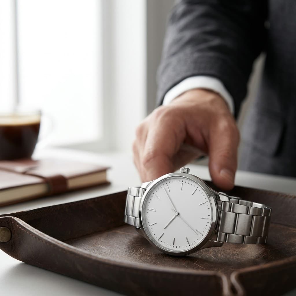 Stainless steel analog watch styled in a desk lifestyle scene