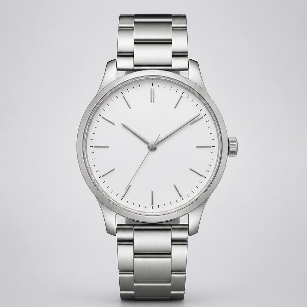 Close-up of the analog watch dial metal finish and crown