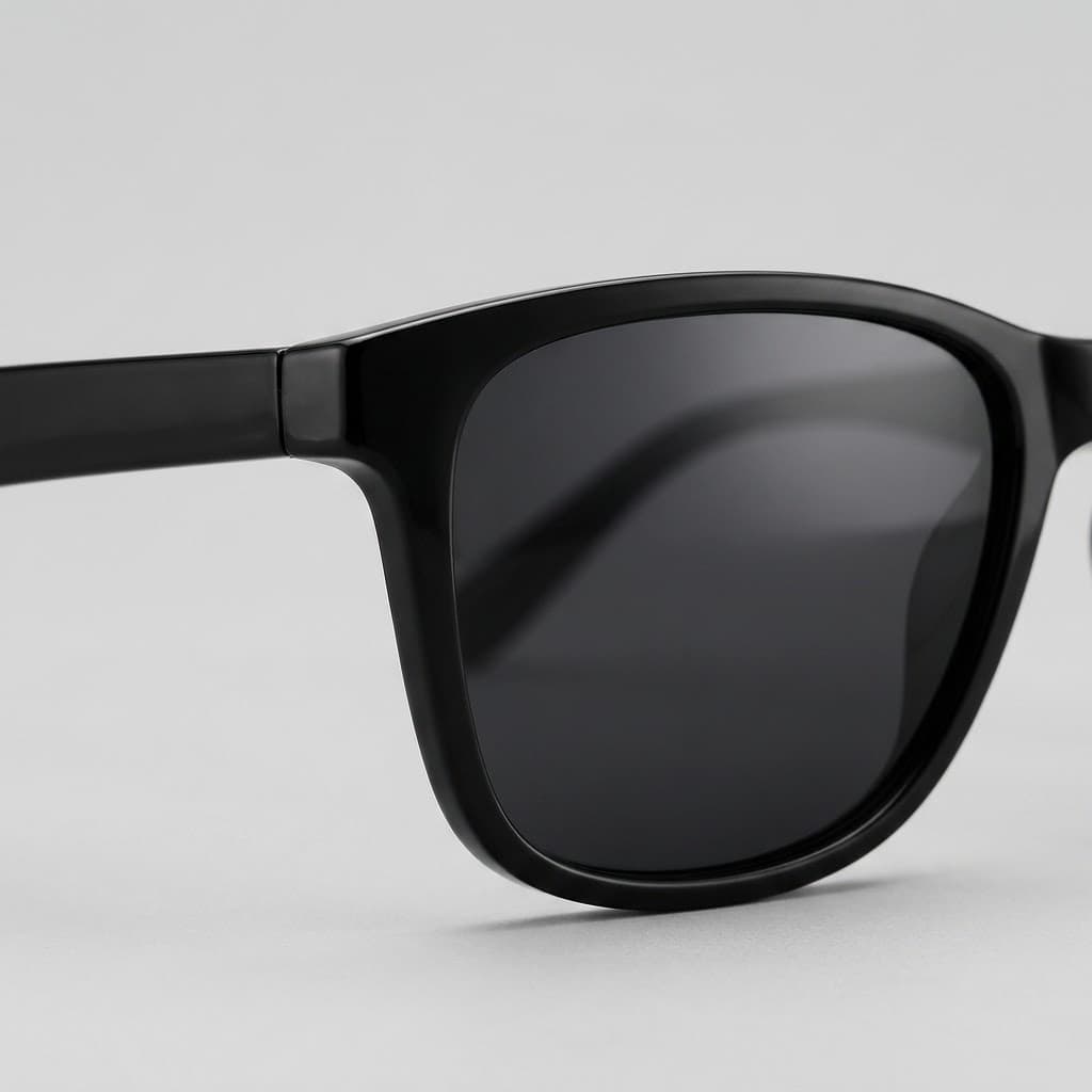 Close-up detail of a black sunglasses frame and lens