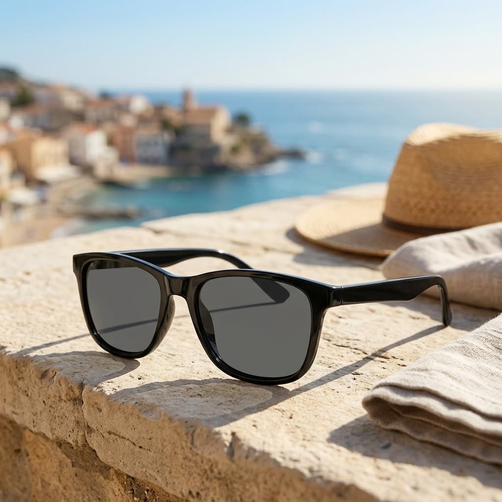 Black sunglasses in a coastal lifestyle scene