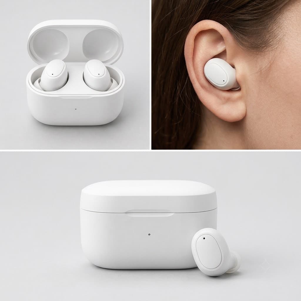 Wireless earbuds photo set with a clean case view, a wearing view, and a close detail view
