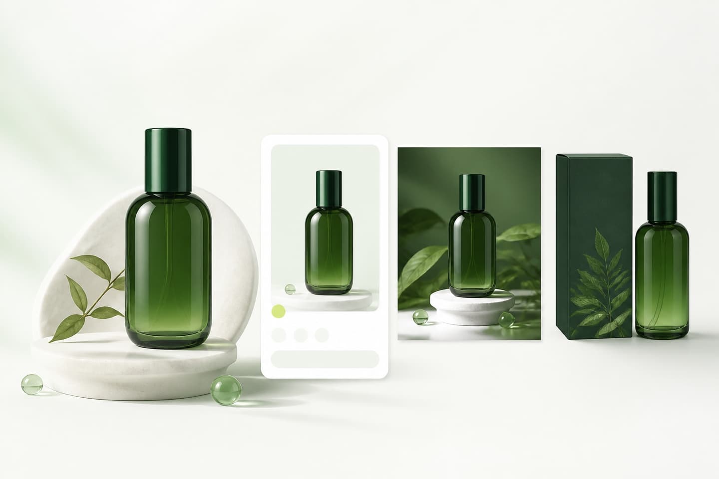A green skincare bottle developed into product photography, ecommerce, packaging, and social campaign visuals