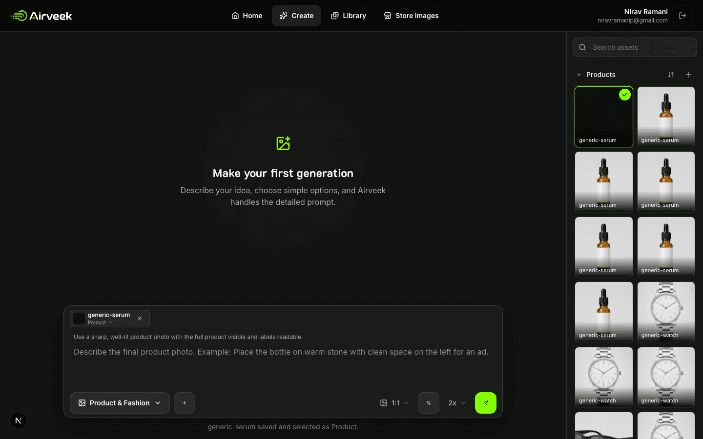 Airveek workspace showing the serum source reference selected for detail generation