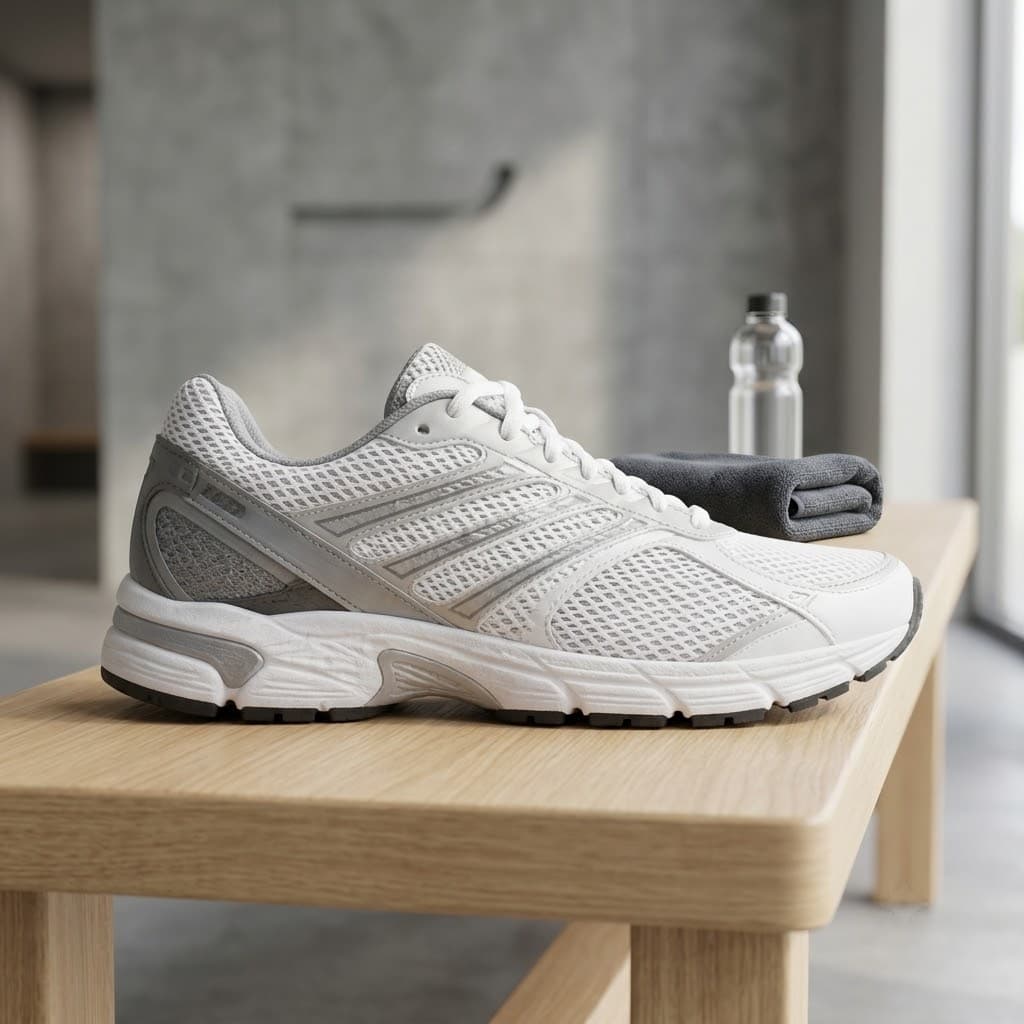 Lifestyle product image of a neutral running shoe on a wood bench