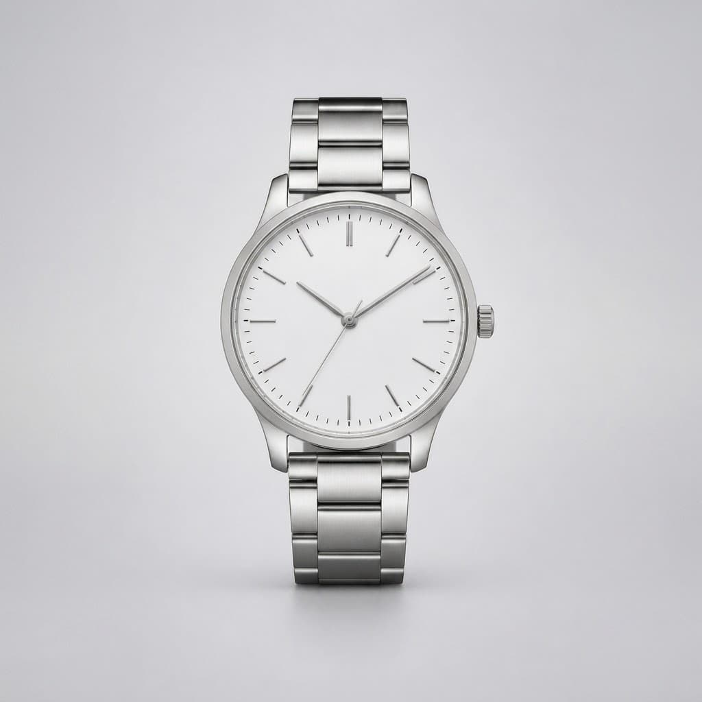 Stainless steel analog watch on a clean marketplace background