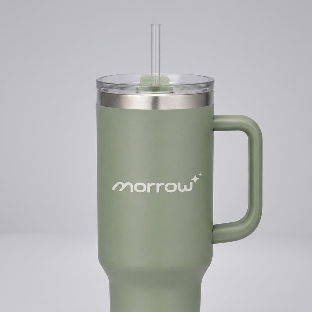 Close detail view of the sage tumbler handle, clear straw, transparent lid, and metal rim with morrow mark