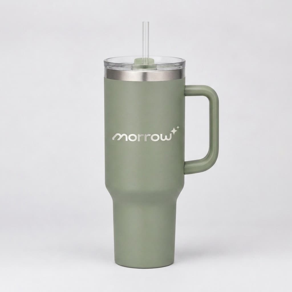 Clean marketplace-style image of one sage handled tumbler with the morrow wordmark